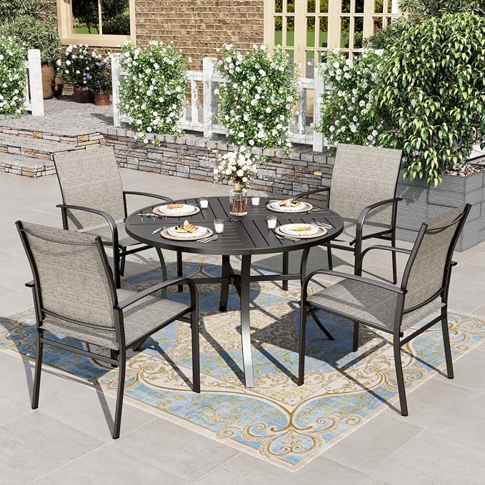HERA'S HOUSE Patio Table and Chairs Set, 5 Pieces Outdoor Dining Set with Round Metal Table and Textilene Chairs for Lawn Garden Backyard Deck,Brown