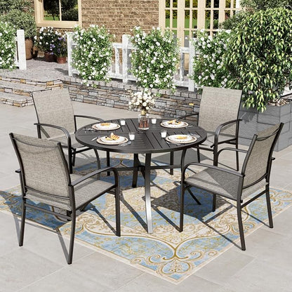 HERA'S HOUSE Patio Table and Chairs Set, 5 Pieces Outdoor Dining Set with Round Metal Table and Textilene Chairs for Lawn Garden Backyard Deck,Brown