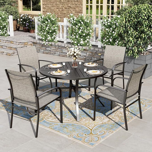 HERA'S HOUSE Patio Table and Chairs Set, 5 Pieces Outdoor Dining Set with Round Metal Table and Textilene Chairs for Lawn Garden Backyard Deck,Brown