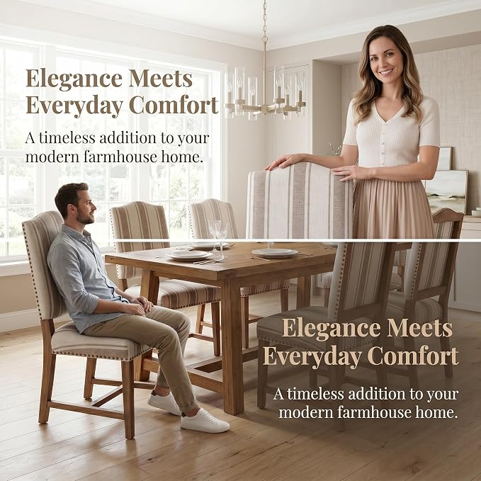 ROCITY Linen Dining Chairs Set of 6 Upholstered Farmhouse Dining Room Chairs Kitchen Side Chairs with Wooden Legs&Nailhead Trim, Beige with Brown Stripe