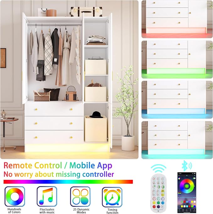 3 Doors Mirrored Wardrobe Armoire Closet with Drawers, LED Armoire Storage Cabinet with Adjustable Shelves & Hanging Rod, 74.8" H Freestanding Clothing Storage Cabinet for Bedroom, White