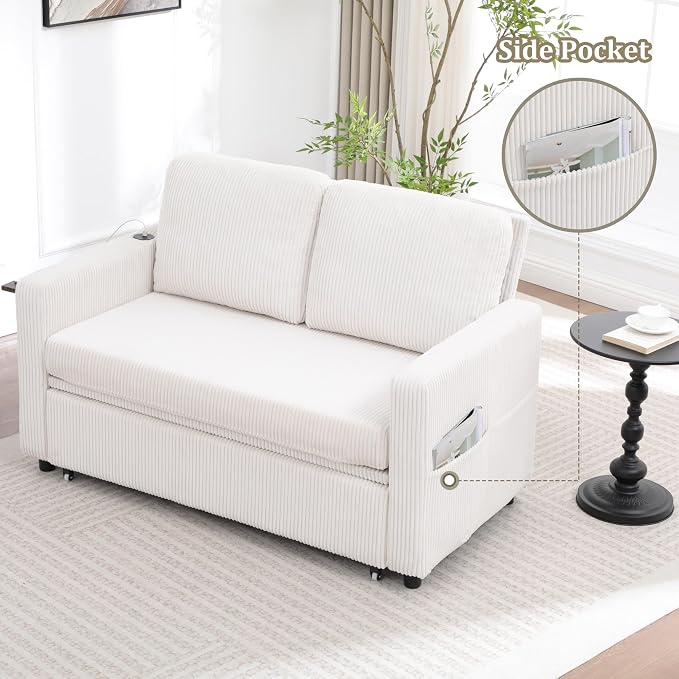 3 in 1 Folding Convertible Sleeper Sofa Bed Pull Out Couch with Side Pockets USB Port Side Table Loveseat Sofa Bed with Adjustable Backrest for Living Room Bedroom 66" Beige 2 SEAT