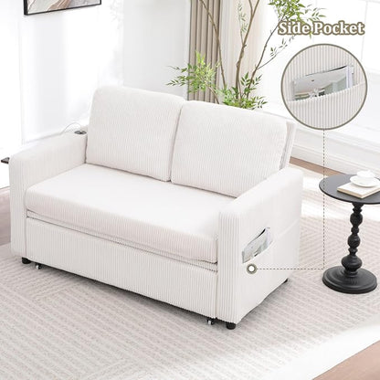 3 in 1 Folding Convertible Sleeper Sofa Bed Pull Out Couch with Side Pockets USB Port Side Table Loveseat Sofa Bed with Adjustable Backrest for Living Room Bedroom 66" Beige 2 SEAT