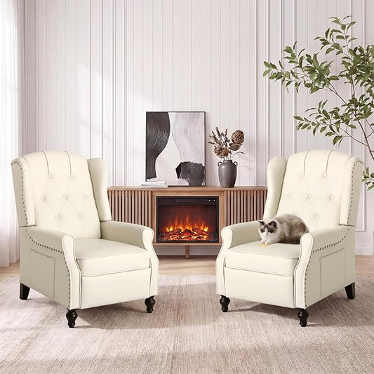 Wingback Recliner Chair with Massage & Heat, Cat-Proof Push Back Arm Chair, Recliner Chair for Living Room Bedroom Home Theater (2, Beige)