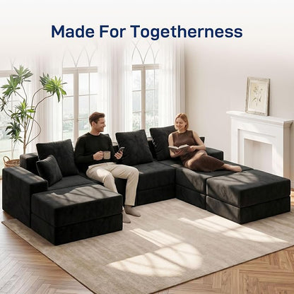 Living&Giving 128" U-Shaped Cloud Sectional Couch for Living Room, Cloud Boneless Couch-No Assembly with Reversible Chaise, Customizable 4-Seat Modular Sectional Sofa with 3 Ottoman, Black