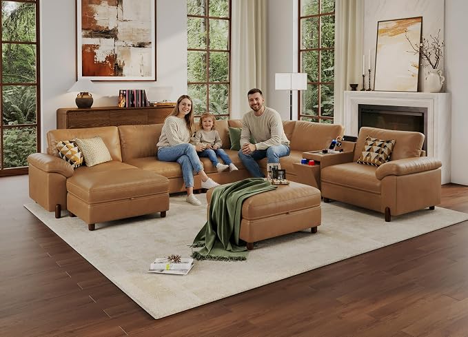 SITJOY Large Cloud Couch, 138" Wide 6 Seater V Shaped with Console, Brown | Pet-Friendly Scratch-Resistant Leather Sectional Sofas for Living Room, Deep Seat Wide Couch with Chaise, Storage Ottoman
