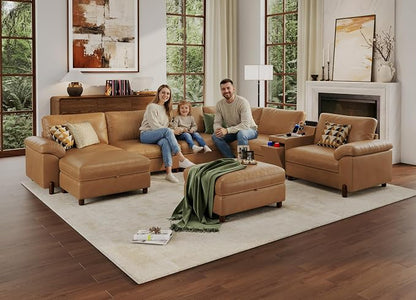 SITJOY Large Cloud Couch, 138" Wide 6 Seater V Shaped with Console, Brown | Pet-Friendly Scratch-Resistant Leather Sectional Sofas for Living Room, Deep Seat Wide Couch with Chaise, Storage Ottoman
