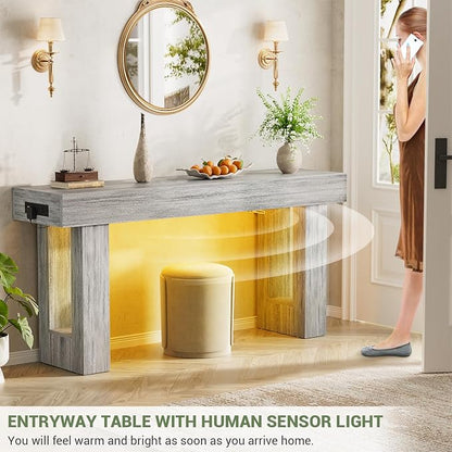 Unikito 63'' Farmhouse Console Table with Power Outlets and Sensor Light, Wooden Entryway Table with Storage, Rectangular Sofa Tables Behind The Couch for Entrance, Hallway, Living Room, Oak