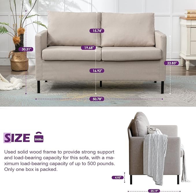 TYBOATLE Modern Beige Small Loveseat Sofa Couch for Living Room, 51 Inch Upholstered 2-Seater Love Seats w/Iron Legs for Compact Small Space, Apartment, Bedroom, Dorm, Office