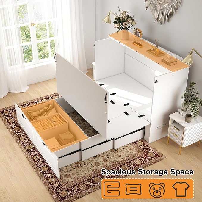 Murphy Bed Full Size: White 2 in 1 Murphy Bed Cabinet with Drawer, Wood Cabinet Bed with Charging Station, Modern Hidden Beds for Small Spaces