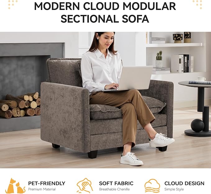 WUTUTUEE 41'' Modern Chenille Oversized Chair, Upholstered Accent Living Room Chair with Extra Thicked Deep Seat, Single Lounge Chair for Bedroom, Small Apartment, Brown