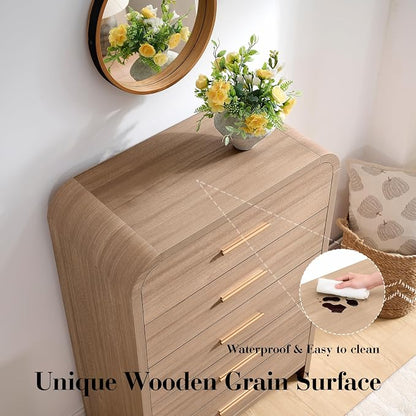 Curved 5 Drawer Dresser for Bedroom, 31'' Wide Chest of Drawers, Modern Storage Cabinet for Hallway & Living Room TV Stand, FSC Certified 1.18" Thick Board, 100 lbs Top Weight, Oak