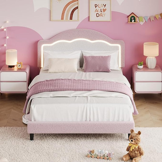 IDEALHOUSE Twin Bed Frame with LED Headboard, Boucle Fabric Upholstered Platform Bed with LED Light for Kids, Girls, Wooden Slats Support, No Box Spring Needed, Pink