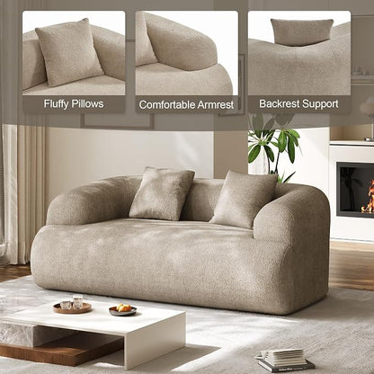 75" Boneless Cloud Loveseat, Modern Cute Curved Chenille Sofa, 2 Seater Compression Couch with 2 Pillows, No Assembly Required for Apartment Living Room, Light Brown