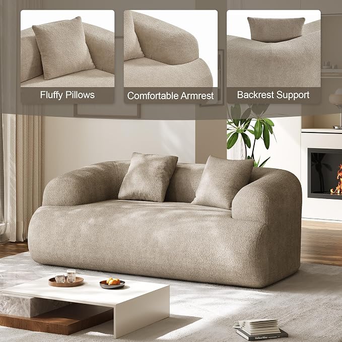 Half Moon Curved Sectional Sofa with 2 Throw Pillows, Modern Style 2-Seater Chenille Leisure Couch with Curved Backrest, Easy Assembly, for Apartment, Living Room, Bedroom, Light Brown（76 inch）