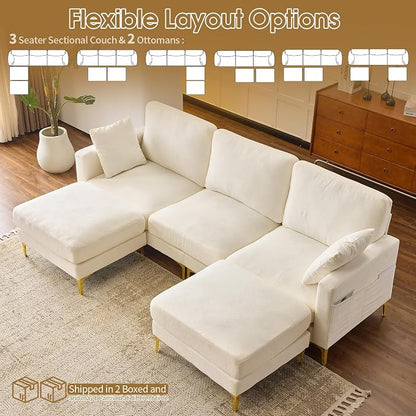 VINGLI 100" W U Shaped Couch with Ottoman, 22" Deep Seat Comfortable Sectional Couches for Living Room, 3 Seater Chenille Fabric Cloud Sofa for Apartment, Small Spaces, Bedroom, Beige