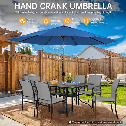SUNCROWN 8 Pieces Outdoor Dining Set, Patio Furniture Set with 6 Textilene Dinning Chairs, 1 Rectangle Metal Table and 1 Dark Blue 9Ft Patio Umbrella for Garden Backyard Lawn Deck, Grey