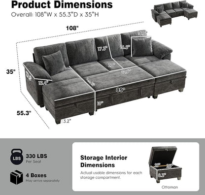 Ihanherry 108" Modular Sectional Sofa with Pull Out Bed, 6-Seater U Shaped Sectional Sleeper Couch with Storage Ottoman, Chenille Convertible Couches for Living Room, Apartment (Grey)