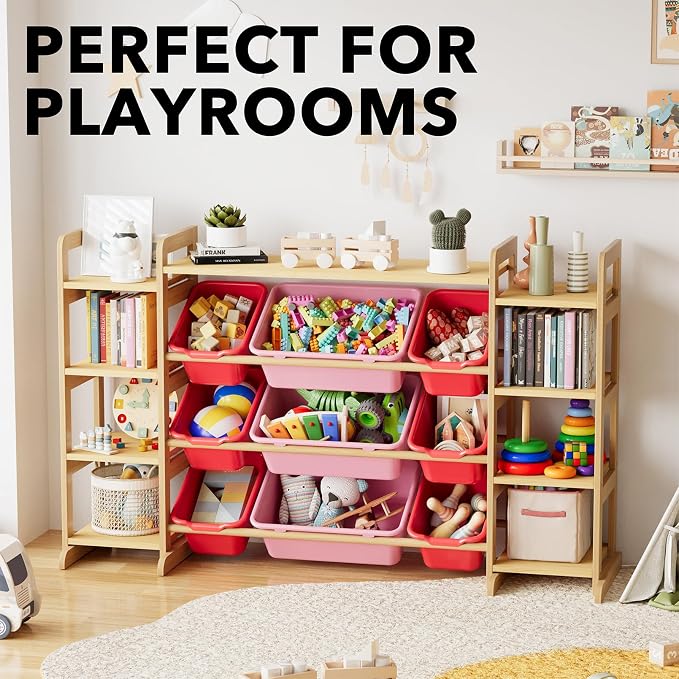 SpaceAid Large Toy Storage Organizer 9 Shelves 9 Bins, Toy Organizers Storage Bookshelf, Kids Bin Shelf Toys Box Bookcase for Bedroom Playroom Organization Room Decor, Red and Pink