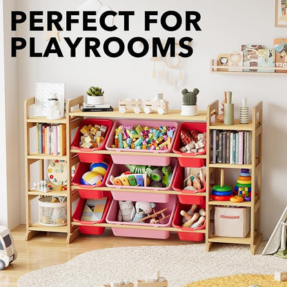 SpaceAid Large Toy Storage Organizer 9 Shelves 9 Bins, Toy Organizers Storage Bookshelf, Kids Bin Shelf Toys Box Bookcase for Bedroom Playroom Organization Room Decor, Red and Pink