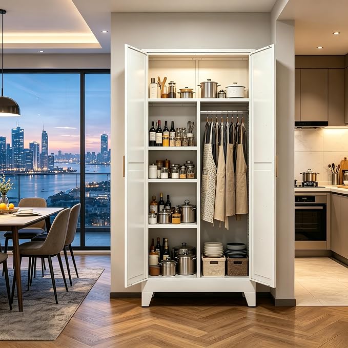 71" H Tall Pantry Cabinet with Doors,Kitchen Pantry Cabinet,Black Metal Storage Cabinets,Garage Storage Cabinet,Food Storage Cabinet with Doors and Shelves