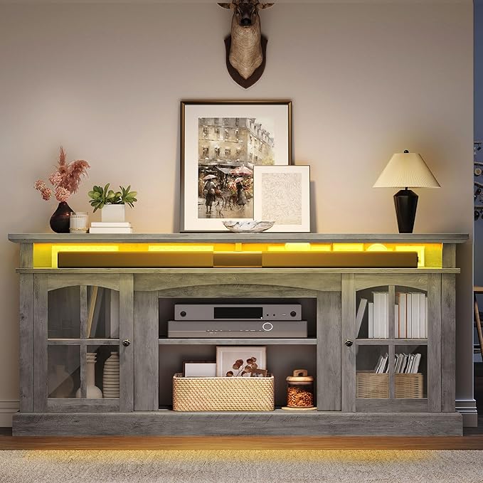 YITAHOME LED Farmhouse TV Stand for 75 Inch w/Outlets, Modern Entertainment Center with Glass Doors and Adjustable Storage Shelves, Media Console TV Cabinet for for Living Room, Grey