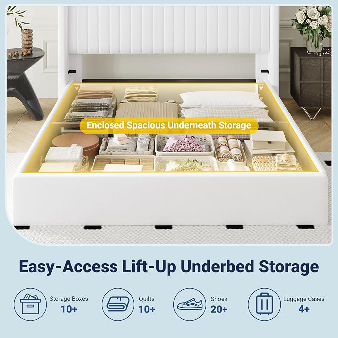Allewie Full Size Lift Up Storage Bed Frame, Hydraulic Support System, Upholstered Platform Bed Frame, Underneath Storage, Vertical Channel Tufted Headboard with Wingback, No Box Spring Needed, White