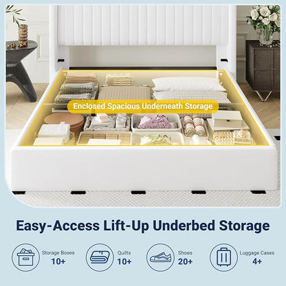 Allewie Full Size Lift Up Storage Bed Frame, Hydraulic Support System, Upholstered Platform Bed Frame, Underneath Storage, Vertical Channel Tufted Headboard with Wingback, No Box Spring Needed, White