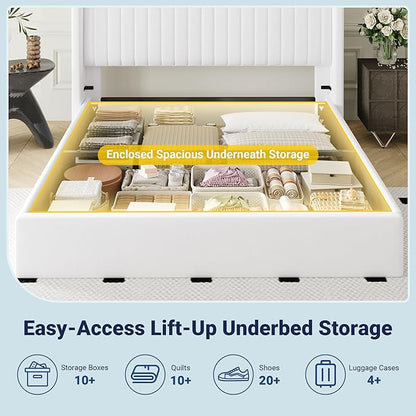 Allewie Queen Size Lift Up Storage Bed Frame, Hydraulic Support System, Upholstered Platform Bed Frame, Underneath Storage, Vertical Channel Tufted Headboard with Wingback, No Box Spring Needed, White