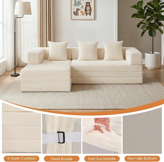 79" Modular Sectional Sofa, Boneless Convertible Sleeper Sofa Bed, Modern Tri-Folding Cloud Couch with L-Shape Chaise, Corduroy Futon for Living Room Small Spaces Apartment, No Assembly, Beige