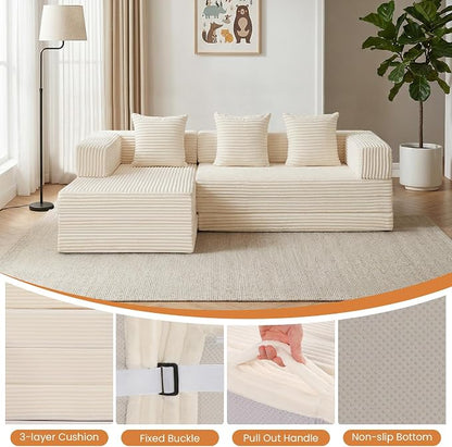79" Modular Sectional Sofa, Boneless Convertible Sleeper Sofa Bed, Modern Tri-Folding Cloud Couch with L-Shape Chaise, Corduroy Futon for Living Room Small Spaces Apartment, No Assembly, Beige