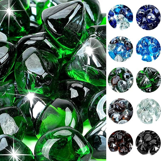 onlyfire 10-Pounds Fire Glass Diamonds for Propane Fire Pit, 1 Inch Reflective Firepit Glass Rocks Stones for Gas Fireplace and Fire Pit Table, Emerald Green