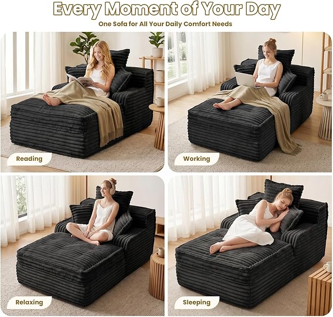 57 Inch Boneless Couch Lounge Chaise, Corduroy Upholstered Boneless Sofa Bed, Deep Seat Sleeper Couch Reading Chairs, Cozy Cloud Sofa Couches for Small Spaces, No Assembly Required, Black