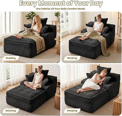 57 Inch Boneless Couch Lounge Chaise, Corduroy Upholstered Boneless Sofa Bed, Deep Seat Sleeper Couch Reading Chairs, Cozy Cloud Sofa Couches for Small Spaces, No Assembly Required, Black