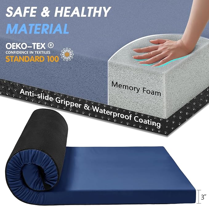 CYMULA 3 Inch Memory Foam Camping Pad, Camping Essentials Roll Up Floor Mat for Car Camping, Cot, Tent, Truck, Travel and Guest Use, Non-Slip Waterproof Bottom, Removable Cover