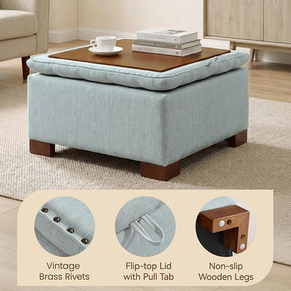 30 Inch Square Storage Ottoman Coffee Table, Modern Tufted Upholstered Ottoman with Flip Tray and Solid Wood Legs, Suitable for Living Rooms, Linen Blue