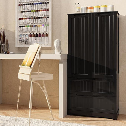 Gizoon Kitchen Storage Cabinets with Drawers Freestanding Kitchen Pantry with Doors and Shelves, 63" Food Pantry Cabinet for Dining Room Craft Room, Black, Painted