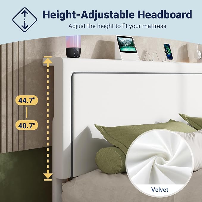 Allewie Queen Size Lift Up Storage Bed Frame with Charging Station & LED Lights, Adjustable Velvet Upholstered Storage Headboard, Type-C & USB Ports, Hydraulic Support, No Box Spring Needed, White