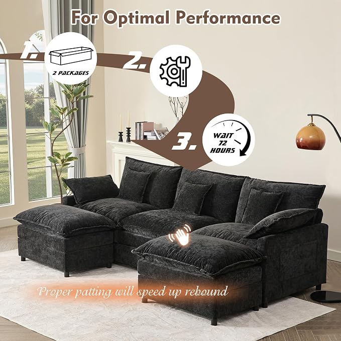GOSUHI 108" U-Shaped Modular Cloud Couch, Deep Seat, Chenille Black | Cloud Comfort, Couches for Living Room, Removable & Machine-Washable Covers, Movable Ottoman, Modular Sectional Sofa