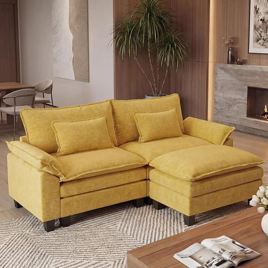 URRED Oversized Modular Sectional Sofa, 87" L Shaped Modern Comfy Cloud Couch with Movable Ottoman & Pillows, Deep Seat Couches for Living Room, Bedroom or Apartment (Chenille Yellow, 87" L Shaped)