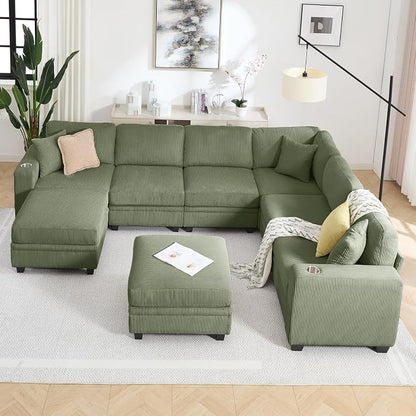 127" Modular Sectional Sofa with Storage, Corduroy 8-Seater V-Shaped Sofa with Ottoman Chaise, Convertible L-Shaped U-Shaped Cloud Sectional Couches for Living Room, Apartment