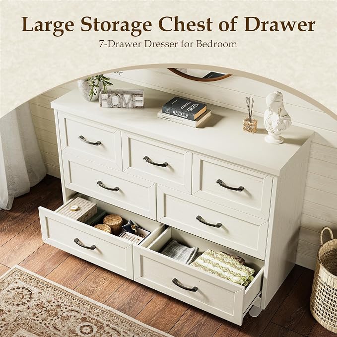 AODK Farmhouse 7 Drawer Dresser for Bedroom, 47” Wide Rustic Storage Chest with Engineered Wood Frame, Anti-Tip Design, American Country Bedroom Furniture, Vintage White