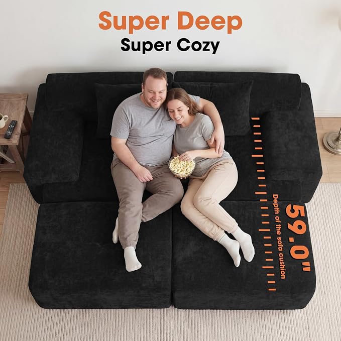 83.5" Boneless Loveseat with 2 Ottoman, Cloud Comfy Sofa Bed, Modular Sofa for Living Room, Apartment, Bedroom, Hotel, No Assembly Required (Dark Gray)