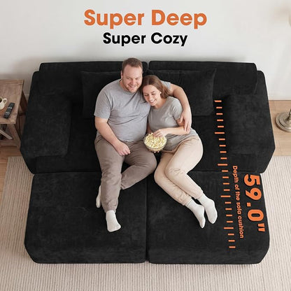 83.5" Boneless Loveseat with 2 Ottoman, Cloud Comfy Sofa Bed, Modular Sofa for Living Room, Apartment, Bedroom, Hotel, No Assembly Required (Dark Gray)