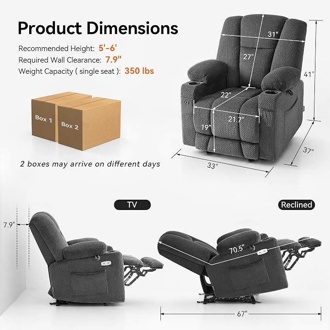 MCombo Zero Gravity Power Recliner Chair with Heat and Vibration Massage, Reclining Chair with USB & Type C Ports, Cup Holders for Living Room, Fabric 8015 (Grey)
