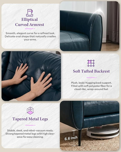 TYBOATLE Sofa Couch 61" Small Loveseat Couches for Living Room Blue Leather Couch Mid Century Modern Tufted Mini Sofa Comfy Office 2 Seat Settee Love Seat for Small Spaces Bedroom
