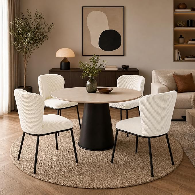 SIMTONAL Upholstered Dining Chairs Set of 4, Corduroy Armless Kitchen Chairs with Memory Foam Seat, Black Metal Legs, Mid Century Modern Accent Seating for Apartment, Vanity, [Beige]