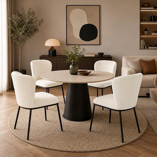 SIMTONAL Upholstered Dining Chairs Set of 4, Corduroy Armless Kitchen Chairs with Memory Foam Seat, Black Metal Legs, Mid Century Modern Accent Seating for Apartment, Vanity, [Beige]
