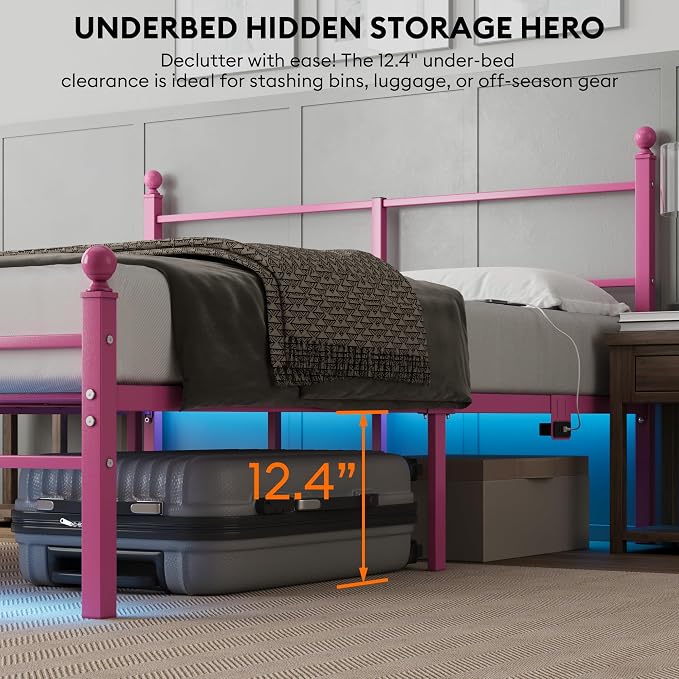 Queen Size Bed Frame with Headboard - Metal Platform Bed with LED Lights, Charging Station, Under Bed Storage and Heavy Duty Steel Slats Support - No Box Spring Needed, Easy Assembly, Pink