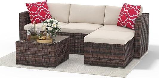 5 Piece Outdoor Patio Furniture Set, Rattan Deck Conversation Sofa Set with Non-Slip Cushions, All-Weather Sectional Sofa with Glass Storage Table and Balcony Footstool, Poolside, Garden, Brown+White